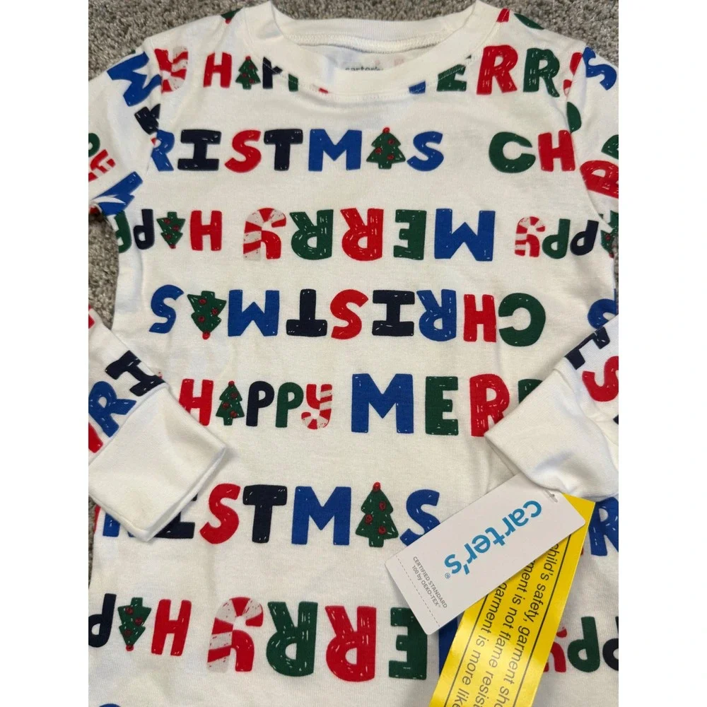 Carter's Pajama Set Kids 5T White New Merry Christmas‎ Happy Print Snug Fit 2pc